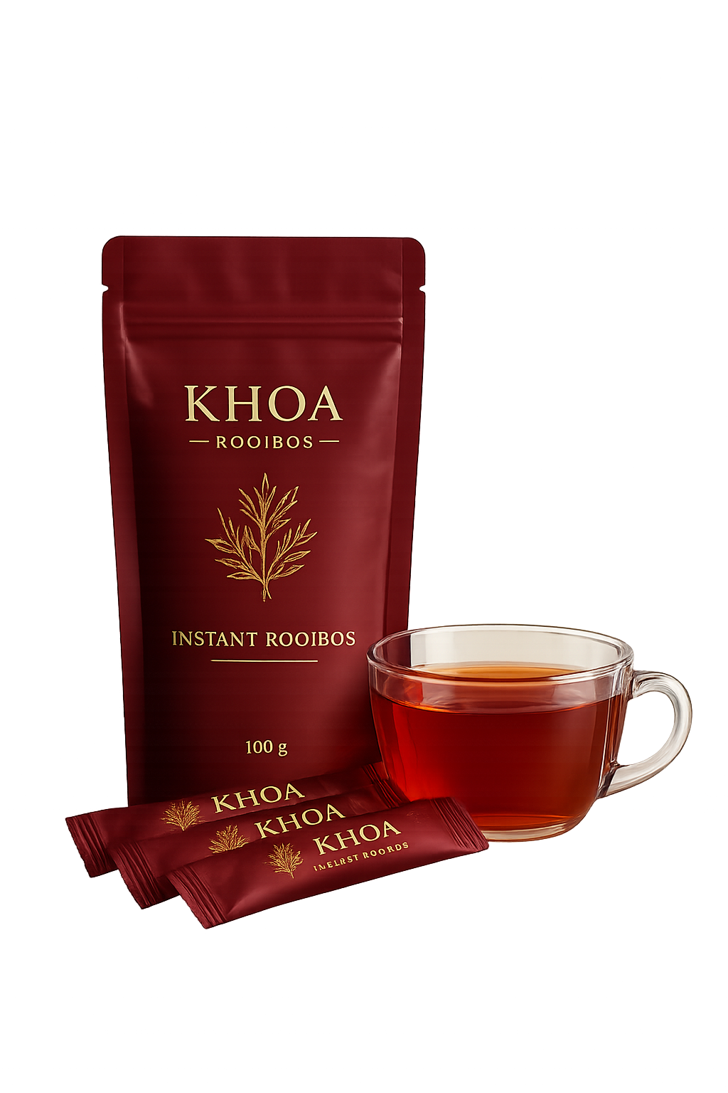 Khoa Instant Rooibos packaging with tea cup and sachets