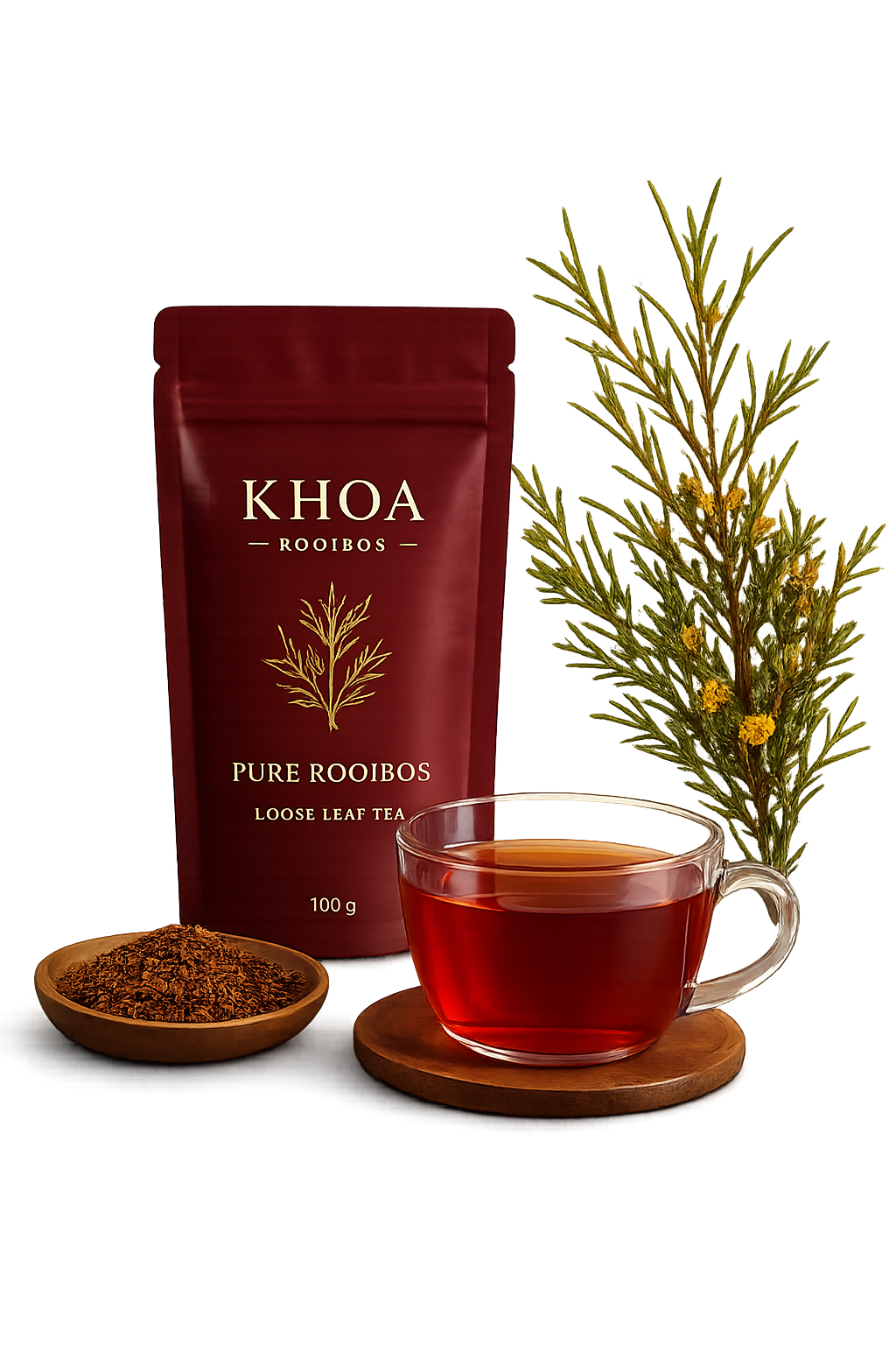 Khoa Pure Rooibos loose leaf tea packaging with cup and rooibos plant